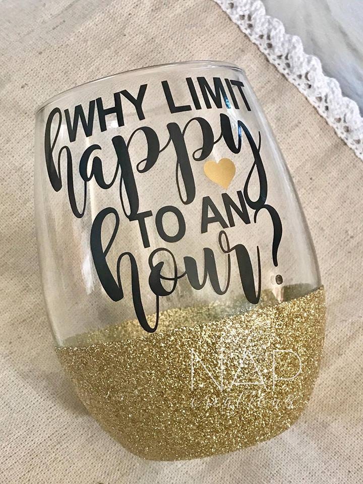 Happy Hour Glitter Wine Glass