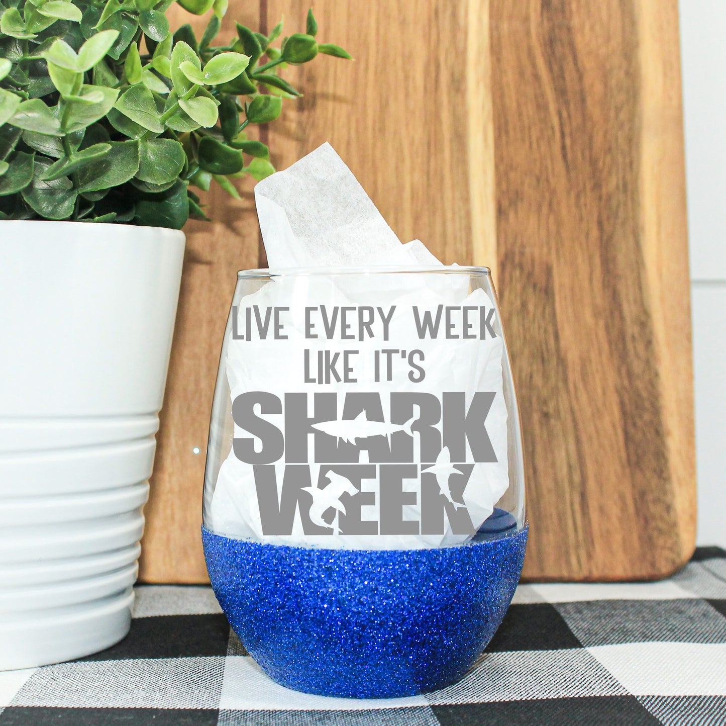 Live Every Week Like It's Shark Week Glitter Wine Glass